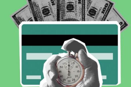 Financial Assets, Investment - Illustration of cutout person hand timing stopwatch against credit card and cash money on green background