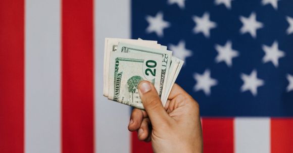 Sound Investment Principles - Unrecognizable male demonstrating dollars before official flag of USA on background